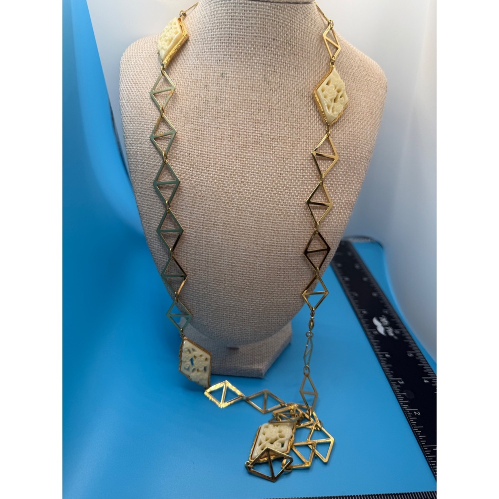 Vendome Vintage Gold Tone Carved‎ Faux Ivory Floral Geometric Station Necklace